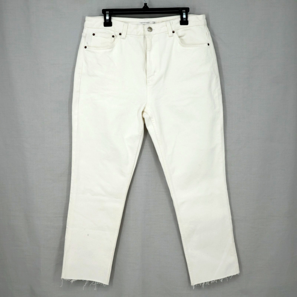 Topshop Jeans 12 Womens 34 Waist White Stretch Denim Straight Leg Raw Hems